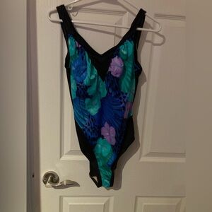 Addition Elle Black One-Piece Swimsuit-Teal Blue & Purple Floral Panel Size 18W